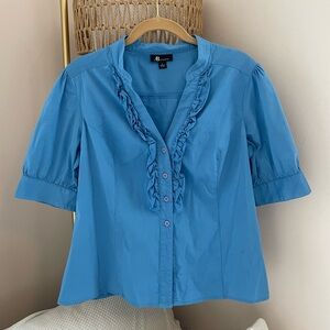AB Studio Blue Puff Sleeve Button Down Blouse